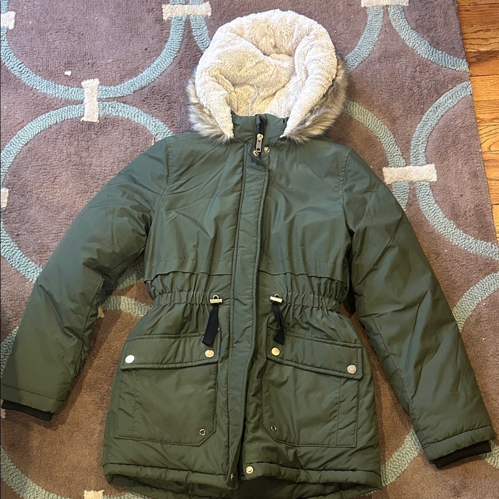 Green Hooded Parka with Faux Fur Trim
